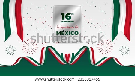 Decorative Día de La Independencia de México Greeting on Silver Plate with Wavy Mexican National Flags Ribbons. Translate: 16th September, Mexican Independence Day
