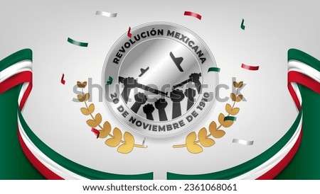 Revolución Mexicana, 20 de noviembre de 1910 greeting with silver plate, national flag colors, and confetti. Translate: Mexico Revolution day, 20 November 1910
