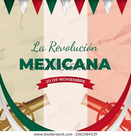 Decorative La Revolución Mexicana Greeting in Old Paper Style with Realistic Flags, cannons and Ribbons. Translate: Mexico Revolution Day, 20 November