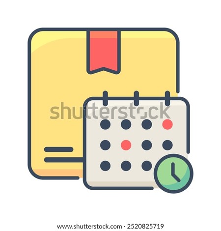 Delivery Schedule icon. On time, Delivery time, Package, Delivery, Calendar, Pick up, Packing, Schedule, Time and date