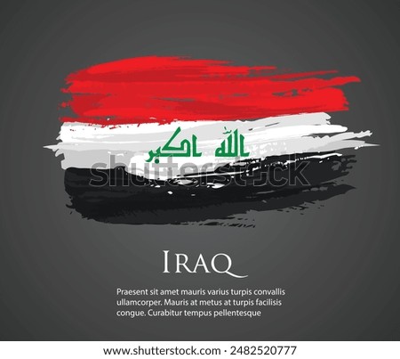 Vector template illustration of the Iraq flag. Asian country flag in red, white red green brush paint. Watercolor hand drawn stroke and texture. Grunge vector isolated on black background	