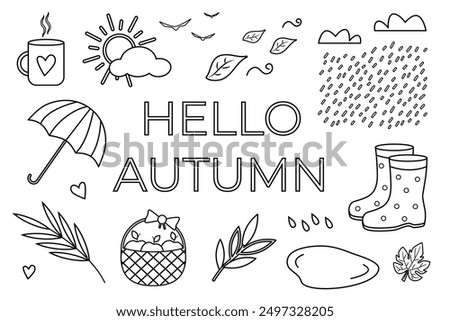 Autumn doodle set. Hand drawn vector illustration of rubber boots, cup with hot tea, puddle, rain, plants, clouds. Line sketch drawing of umbrella and wicker basket. Hello Autumn text