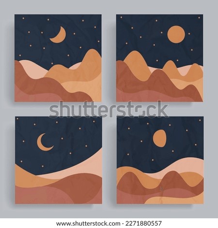 4 sets of flat minimalist abstract prints. Nostalgia boho art with paper texture. Desert landscape at night with starry sky. For cover, poster, banner, brochure, flyer, decoration, social media.