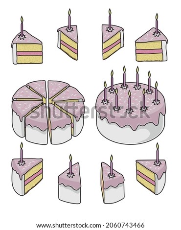 Colour vector illustration. Whole cake and cake divided into 8 pieces with candles. Photo stock © 