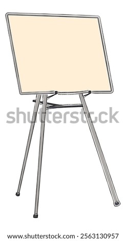 Stand with flip chart for presentation isolated on white. Freehand outline black ink hand drawn object sketchy in artistic scribble modern style pen on paper. View with blank space for text.