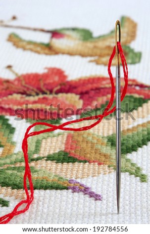 An Embroidery Needle and Thread with Shallow Depth of Field Needle Point in the background