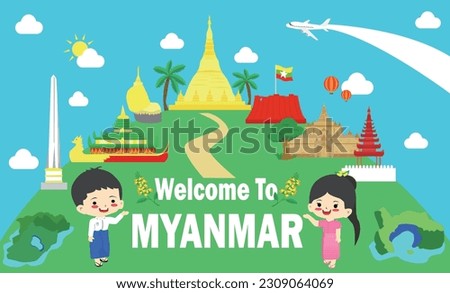Myanmar Travel poster or postcard promoting world famous landmarks with the temple of Bagan, Myanmar  design vector illustration.
