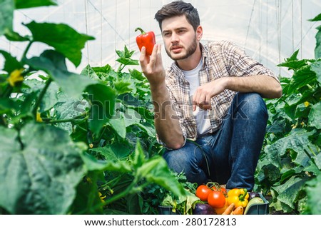 Agronomist holding vegetables and points to the camera