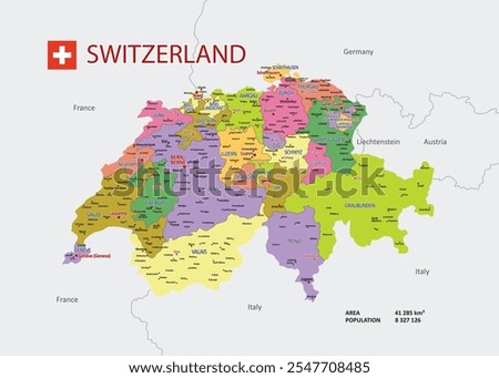 Vector Map of Switzerland with detailed Administrative divisions and borders, City and Region Names and international bordering countries in bright colors palette