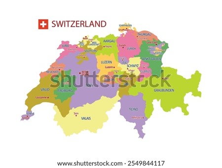 Vector Map of Switzerland with detailed Administrative divisions and borders, City and Region Names and international bordering countries in bright colors palette