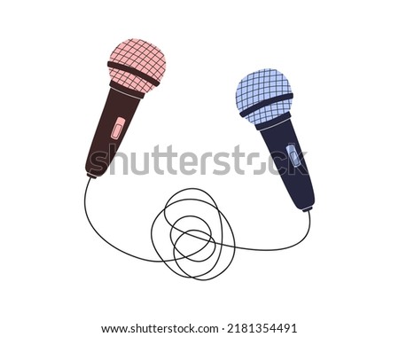 Hand drawn cute cartoon illustration of two microphones. Flat vector discussion or interview sticker in simple colored doodle style. Audio device icon or print. Isolated on white background.