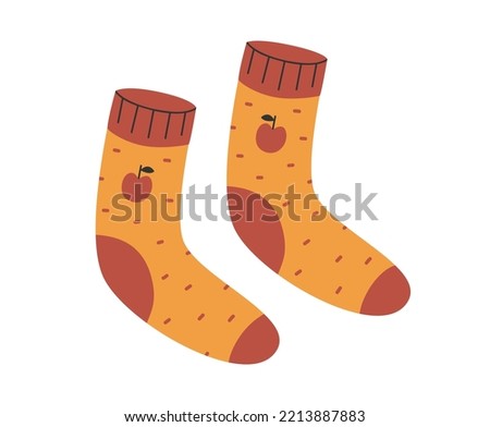 Hand drawn cute illustration of autumn or winter socks. Flat vector warm cozy clothes in simple colored doodle style. Wool, knitted sox sticker, icon or print. Isolated on white background.