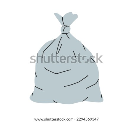 Hand drawn cute cartoon illustration of big garbage bag. Flat vector grocery plastic package with trash, environmental pollution design in colored doodle style. Ecology sticker, icon. Isolated.