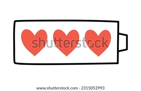 Hand drawn cute illustration of battery with heart inside. Flat vector fully charged accumulator symbol in doodle style. Mental health, self love sticker, icon. Isolated on white background.