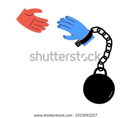 Hand drawn cute illustration two hands reaching out to each other. Shackle with iron ball and chain. Flat vector helping hand symbol in doodle style. Mental health, liability sticker, icon. Isolated.