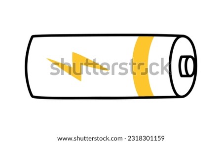 Hand drawn cute line illustration battery with lightning sign. Flat vector charged accumulator symbol in outline doodle style. Source of power, electricity sticker, icon. Isolated on white background.