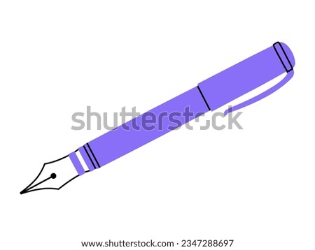 Hand drawn cute illustration of school fountain pen. Flat vector stationery for calligraphy in colored doodle style. Education or study sticker, icon. Back to school. Isolated on white background.