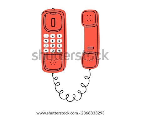 Hand drawn cute cartoon illustration of red wall wired phone. Flat vector old telephone, landline sticker in simple colored doodle style. Call device icon or print. Isolated on white background.