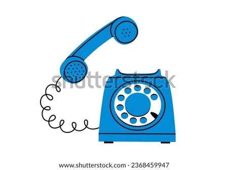 Hand drawn cute cartoon illustration of blue retro wired phone. Flat vector old telephone sticker in simple colored doodle style. Make a call. Pick up the phone icon or print. Isolated on white.