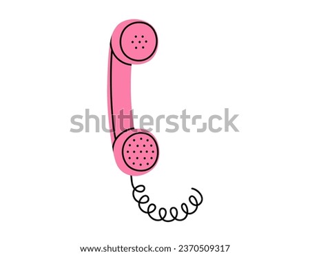 Hand drawn cute cartoon illustration of pink retro phone handset. Flat vector old telephone with dial sticker in simple colored doodle style. Call device icon or print. Isolated on white background.