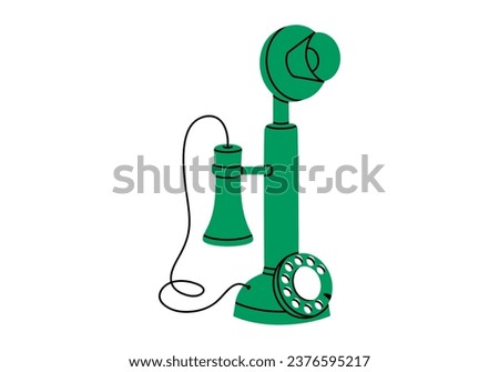 Hand drawn cute cartoon illustration of antique wired landline phone. Flat vector old candlestick telephone with rotary dial sticker, colored doodle style. Vintage call device icon. Isolated on white.