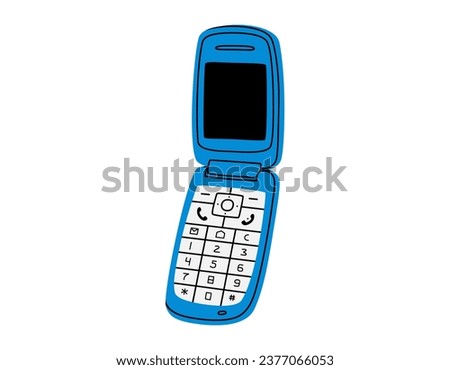 Hand drawn cute cartoon illustration of retro cell flip mobile phone. Flat vector old mobile telephone with buttons sticker in colored doodle style. Call device icon or print. Isolated on background.