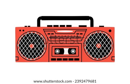 Hand drawn cute cartoon illustration of retro cassette player. Flat vector old audio equipment, boombox sticker in colored doodle style. Vintage device for listening music or radio icon. Isolated.