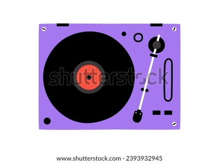 Hand drawn cute cartoon illustration of retro vinyl record player top view. Flat vector old audio equipment with plate sticker in colored doodle style. Vintage device for listening music. Isolated.