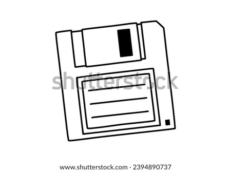 Hand drawn cute outline illustration of retro diskette. Flat vector old floppy disk sticker in simple line art doodle style. Disk for storing data icon or print. Save concept. Isolated.