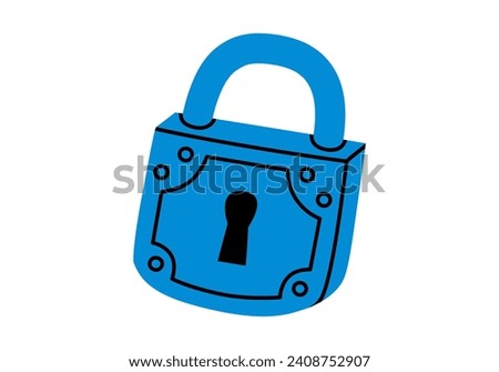 Hand drawn cute cartoon illustration of closed lock. Flat vector protection tool sticker in doodle style. Financial literacy or safety icon. Reliability and trust in banking. Security system. Isolated