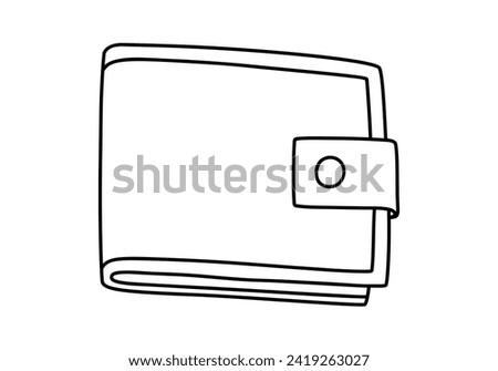 Hand drawn cute outline illustration of closed wallet. Flat vector money currency sticker in line art doodle style. Shopping or payment icon or print. Online paying method. Isolated.