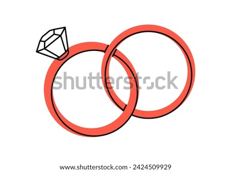 Hand drawn cute cartoon illustration of wedding rings. Flat vector engagement ring with gemstone sticker in doodle style. Propose and marriage. Valentine's Day and love concept icon. Isolated.