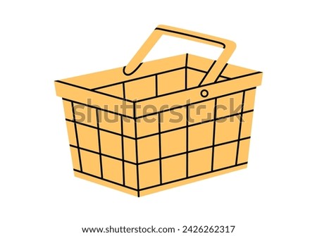 Hand drawn cute cartoon illustration of empty shopping basket. Flat vector store purchase container sticker in colored doodle style. Grocery market or e-commerce icon or print. Isolated.