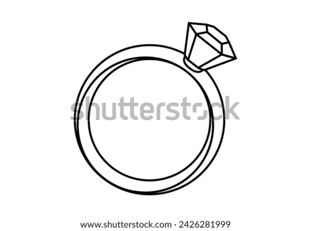 Hand drawn cute outline illustration of wedding ring. Flat vector engagement ring with gemstone sticker in line art doodle style. Propose and marriage. Valentine's Day and love concept icon. Isolated.