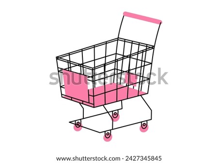 Hand drawn cute cartoon illustration of empty shopping cart. Flat vector store purchase container sticker in colored doodle style. Grocery market or e-commerce icon with outline. Isolated.