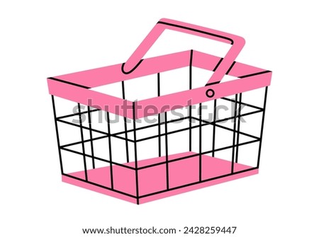 Hand drawn cute cartoon illustration of empty shopping basket. Flat vector store purchase container sticker in colored doodle style. Grocery market or e-commerce icon with outline elements. Isolated.