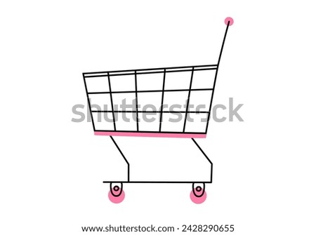 Hand drawn cute cartoon illustration of empty shopping cart side view. Flat vector store purchase container sticker in colored doodle style. Grocery market or e-commerce icon with outline. Isolated.