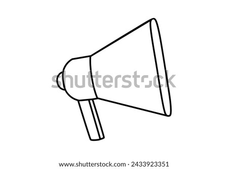 Hand drawn cute outline illustration of megaphone or loudspeaker side view. Flat vector store promotion, announcement sticker in line art doodle style. News alert icon. Communication speaker. Isolated