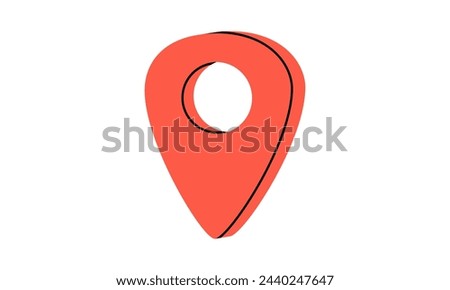 Hand drawn cute cartoon illustration of location pin or navigation mark. Flat vector outdoor landmark for map sticker in colored doodle style. Tourism gps pointer icon. Adventure, hiking. Isolated.