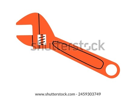 Hand drawn cute cartoon illustration of adjustable wrench or spanner instrument. Flat vector repair tool in colored doodle style. Support service hardware icon. Settings or fix problem. Isolated.