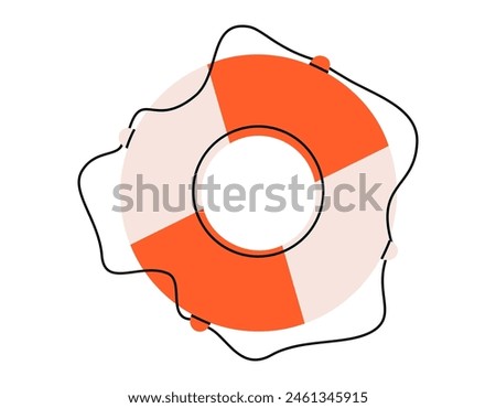 Hand drawn cute cartoon illustration of lifebuoy. Flat vector safety buoy in doodle style. Support or help on water icon. Protection or assistance. Save from crisis. SOS. Danger situation. Isolated.