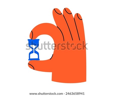 Hand drawn cute cartoon illustration hand with hourglass or sandglass. Watch counting time in arm. Flat vector timetable or schedule doodle. Planning or time management icon. Event deadline. Isolated.