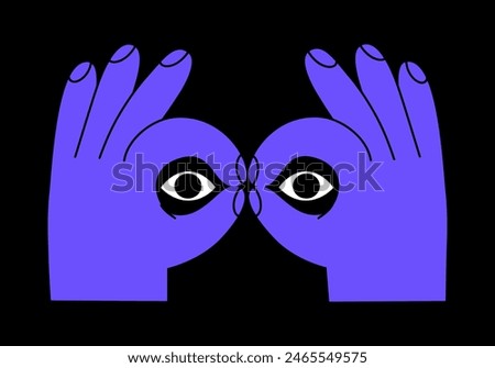 Hand drawn cute cartoon illustration binoculars hand gesture with eyes. Flat vector searching or watching arm sign sticker doodle style. Discover or explore icon. Searching for opportunity. Isolated.