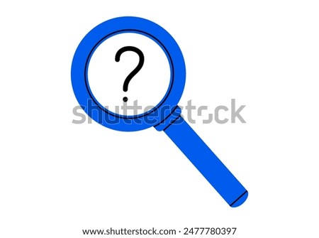 Hand drawn cute cartoon illustration magnifying glass with question mark. Flat vector optical tool sticker in doodle. Discover or explore icon. Searching for answer. Solution for problem. Isolated.