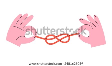 Hand drawn cute cartoon illustration two hands with red thread. Flat vector rope tied in eight sea knot doodle style. Connection or family ties icon. Love romantic couple print. Forever bond. Isolated