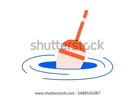 Hand drawn cute illustration of fishing float in water. Flat vector fishery hobby gear in doodle style. Bobber bait for fish icon or print. Allure to trap. Decoy for deception. Isolated.