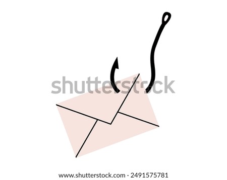 Hand drawn cute cartoon illustration of fishing hook with mail. Flat vector online virus letter in doodle style. Theft crime icon or print. Fraud scam email message. Phishing attack. Isolated.