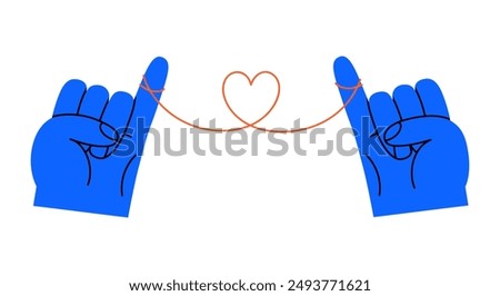 Hand drawn cute cartoon illustration two hands with red thread in heart shape. Flat vector rope tied on little finger doodle style. Family ties icon. Love romantic couple print. Forever bond. Isolated