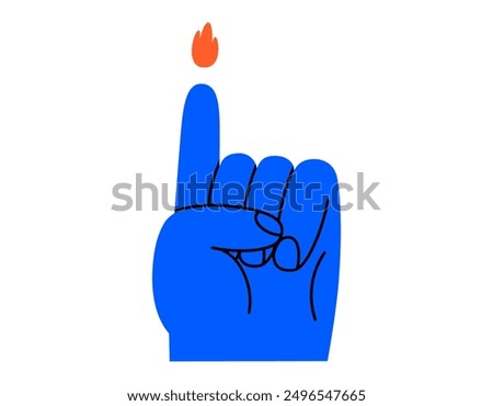 Hand drawn cute cartoon illustration hand with fire from finger. Flat vector burn superpower sticker doodle. Magic mystic flame icon. Inspiration for creativity. Idea or startup creator. Isolated.