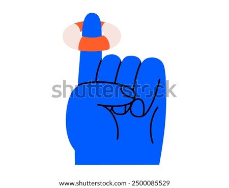 Hand drawn cute cartoon illustration hand with lifebuoy on finger. Flat vector little safety buoy on arm sticker doodle. Support or help icon. Protection or assistance. Business risks. SOS. Isolated.